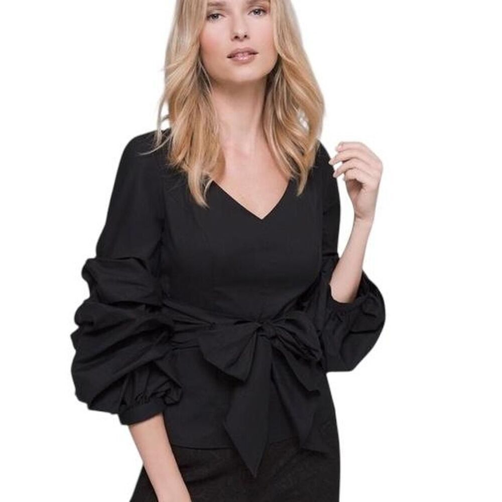 White House Black Market Ruffle Long Sleeve Top in Black